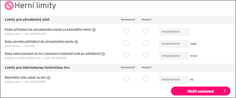 Nastavení herních limitů